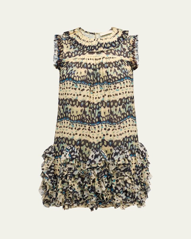 Miri Abstract-Print Ruffle Silk Mini Dress